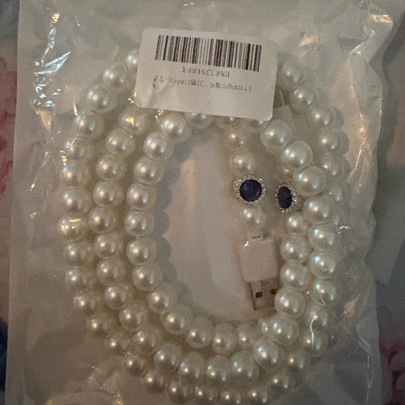 Jewelry - Elegant White Pearl charger cord for iPhone with Blue Accents